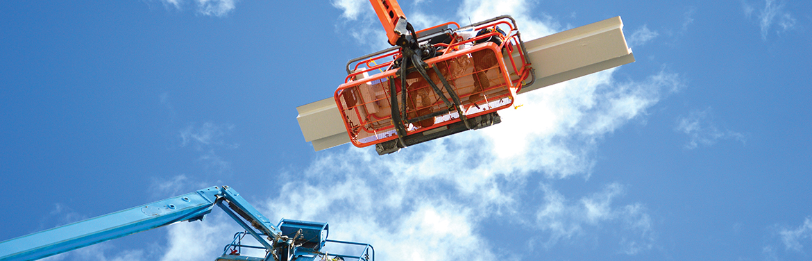 A view from below of a construction lift